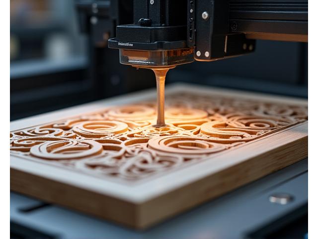 3D printer building an intricate wooden door component with futuristic light trails