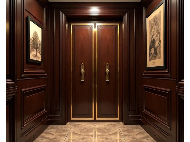 Art Deco inspired wooden door with gold metal inlays and a dark, polished finish, in a classic apartment foyer.