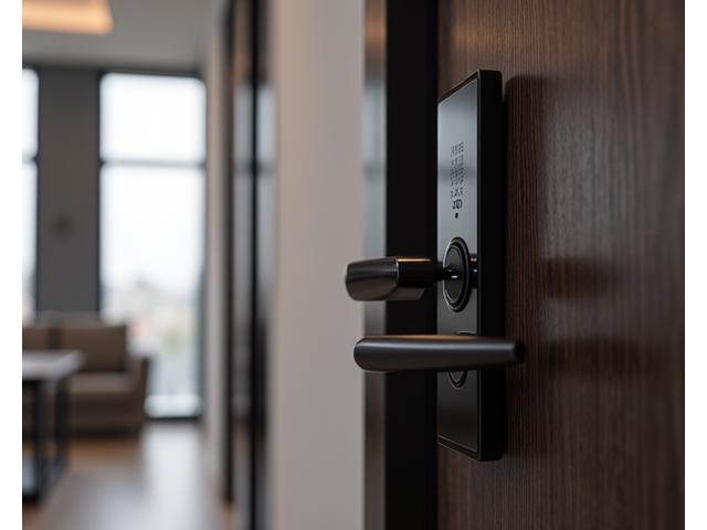 Sleek modern door with integrated smart lock and digital keypad against a minimalist apartment background.